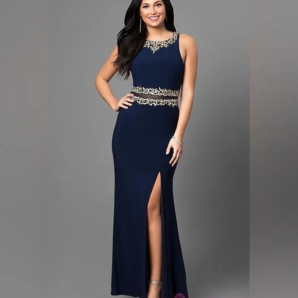 Cachet Sleeveless Embellished Long Formal Dress Navy Midnight Size 2 - Picture 1 of 8